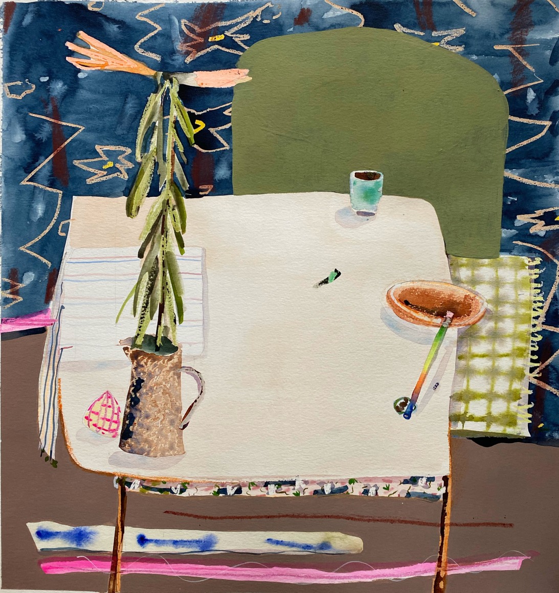 Erika Wastrom  Still Life with Rainbow Pencil, 2020  Mixed media on paper  44.45 x 41.91 cm / 17 1/2 x 16 1/2 in  Framed: 55.24 x 52.70 cm / 21 3/4 x 20 3/4 in