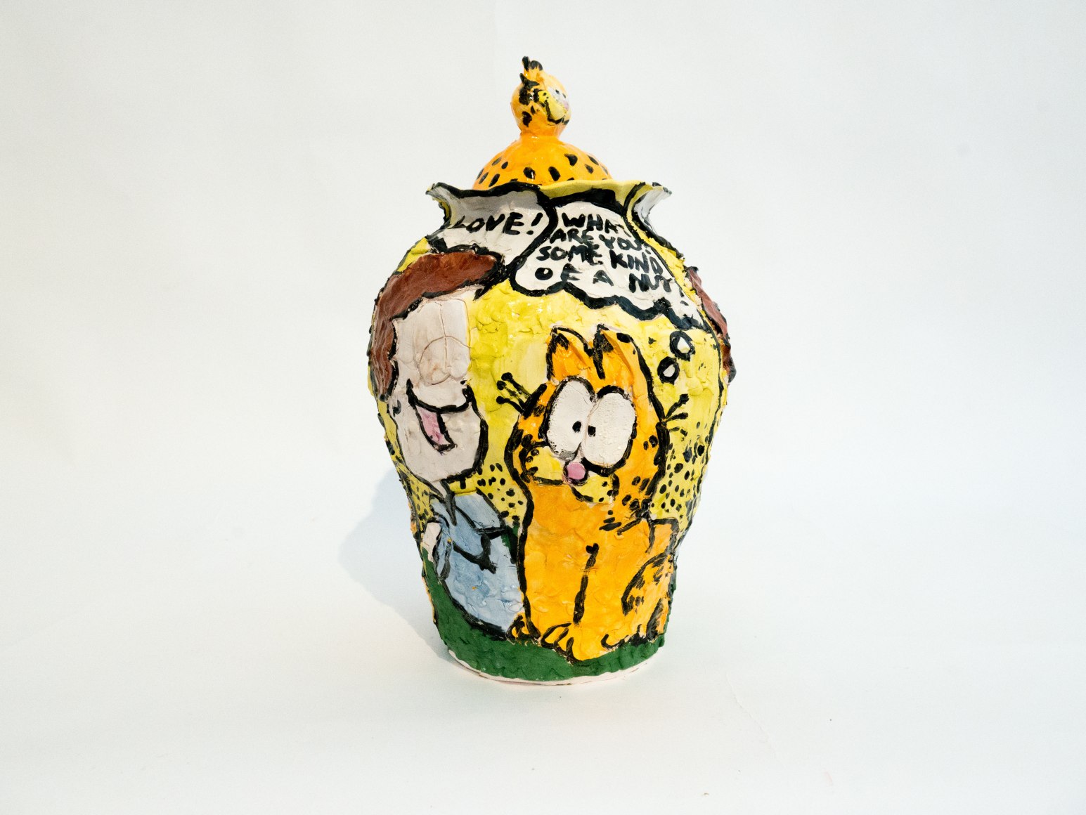 Emily Yong Beck  Garfield pot, 2022  Stoneware, glaze, majolica and underglaze  43 x 30.5 x 30.5 cm / 17 x 12 x 12 in