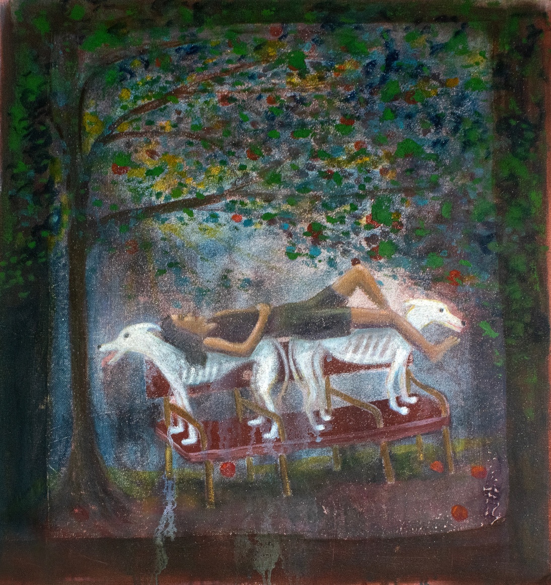 Johanna Robinson  An antidote to hostile architecture (Greyhounds),, 2023  Oil, casein, and glass beads on canvas,  63.5 x 73.6 cm | 25 x 29 in