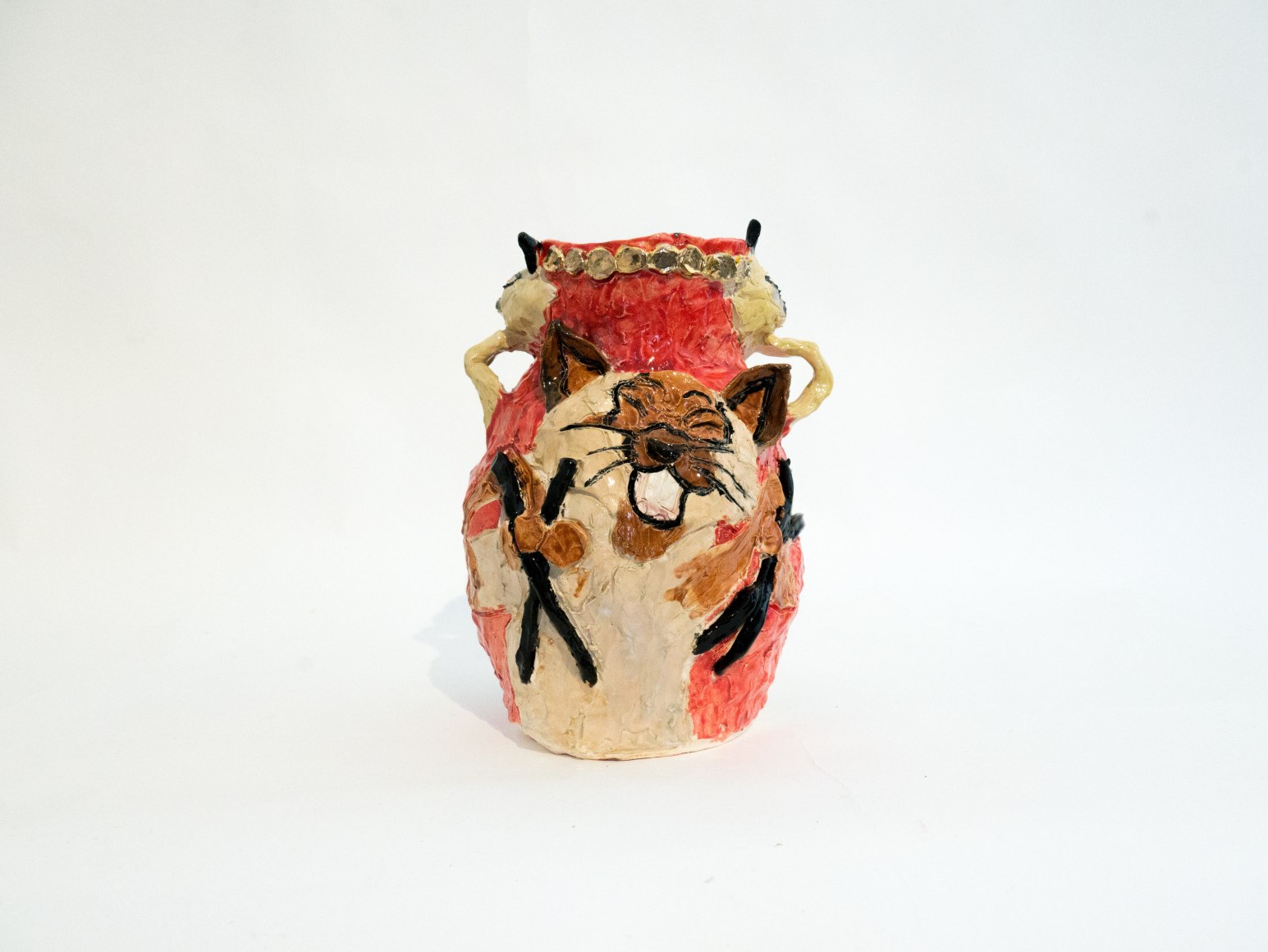Emily Yong Beck  Aristocats, 2022  Stoneware, glaze, majolica and underglaze  29 x 23 x 21.5 cm / 11 1/2 x 9 x 8 1/2