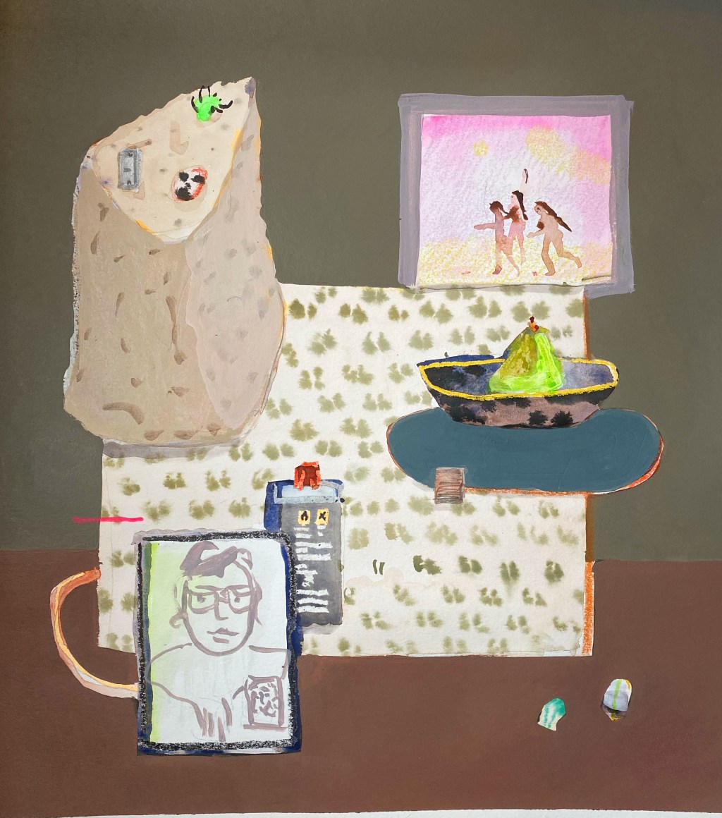 Erika Wastrom  Still life with Joel on Signal, 2020  Mixed media on paper  45.72 x 41.27 cm / 18 x 16 1/4 in  Framed: 55.24 x 52.70 cm / 21 3/4 x 20 3/4 in