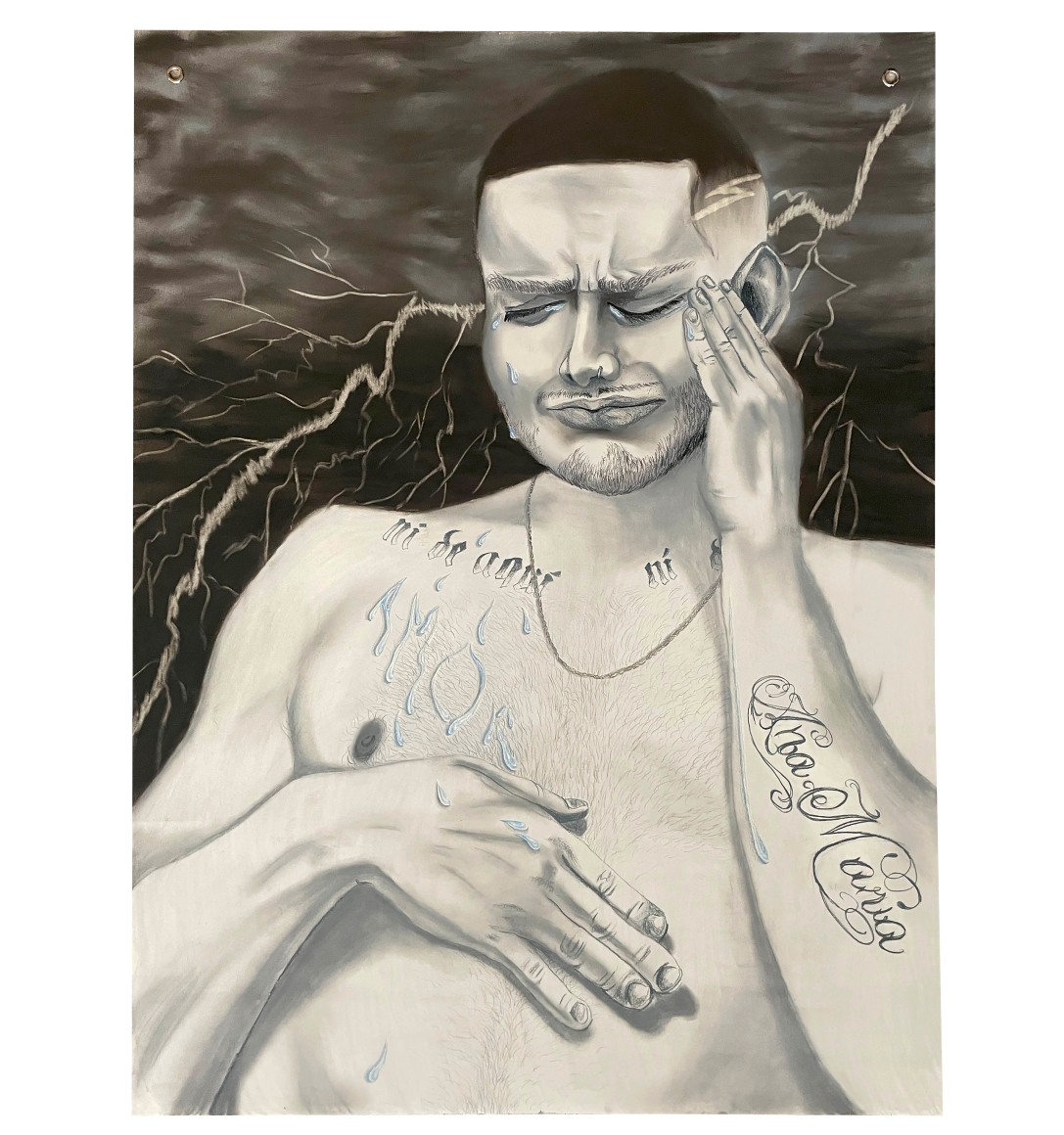 Juan Arango Palacios  Amor se Escribe con Llanto, 2022  Pastel, colored pencil, and grommets on paper  122 x 92 cm | 48 x 36 in