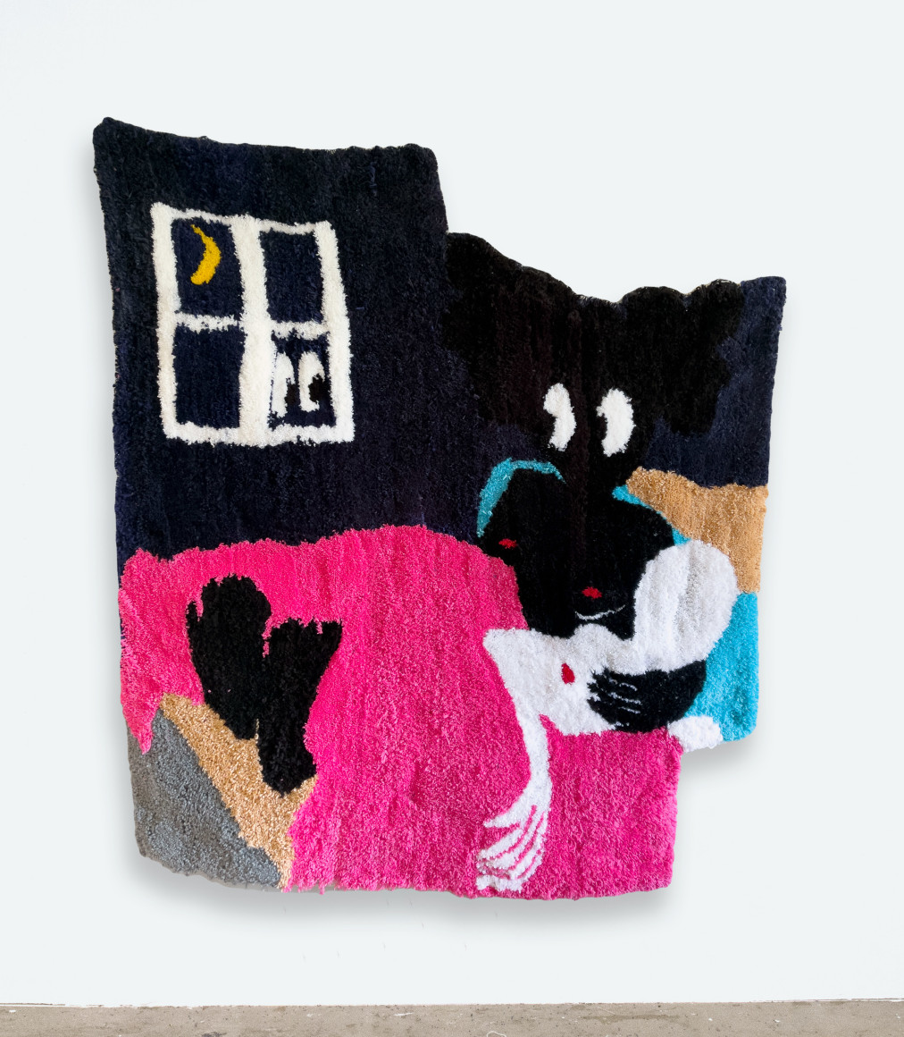 Qualeasha Wood  The info is Trouble Sleeping, 2021  Tufted wool and acrylic  147.3 x 137.2 cm / 58 x 54 in