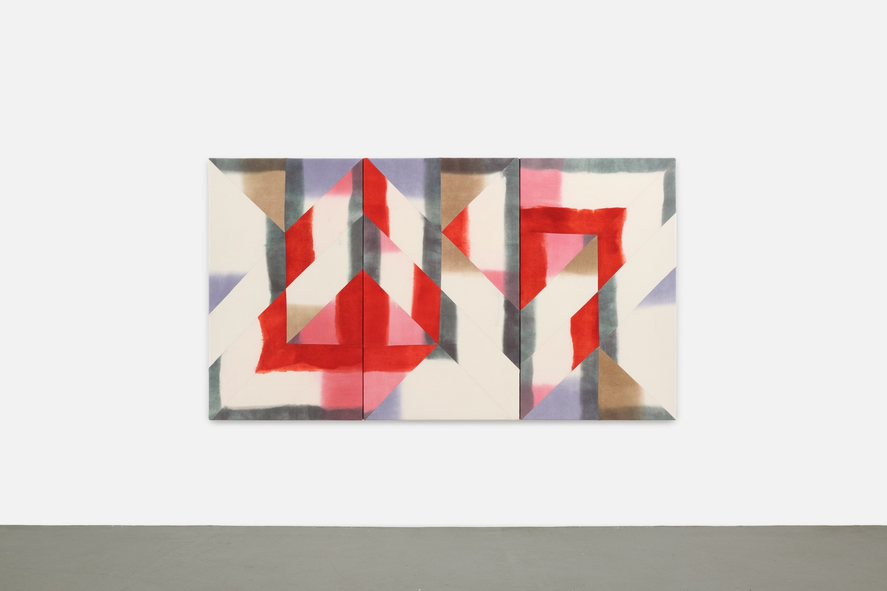 Wilder Alison (b. 1986)  s/eve s/lent scarlet (W w extant arm), 2022  Dyed wool and thread  Three parts, each 122 x 72 cm / 48 x 28 1/4 in Overall dimension: 122 x 216 cm / 48 x 85 in