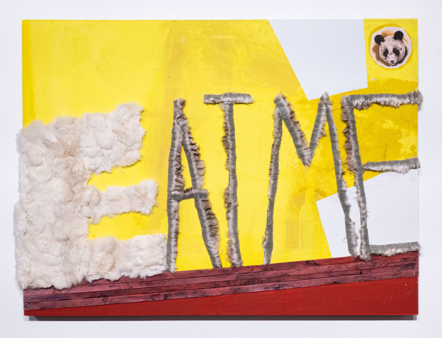 Dani (Leventhal) ReStack  Eat Me, 2021  Acrylic, fake fur, stickers, and rubber bands on panel  76.2 x 101.6 cm / 30 x 40 in