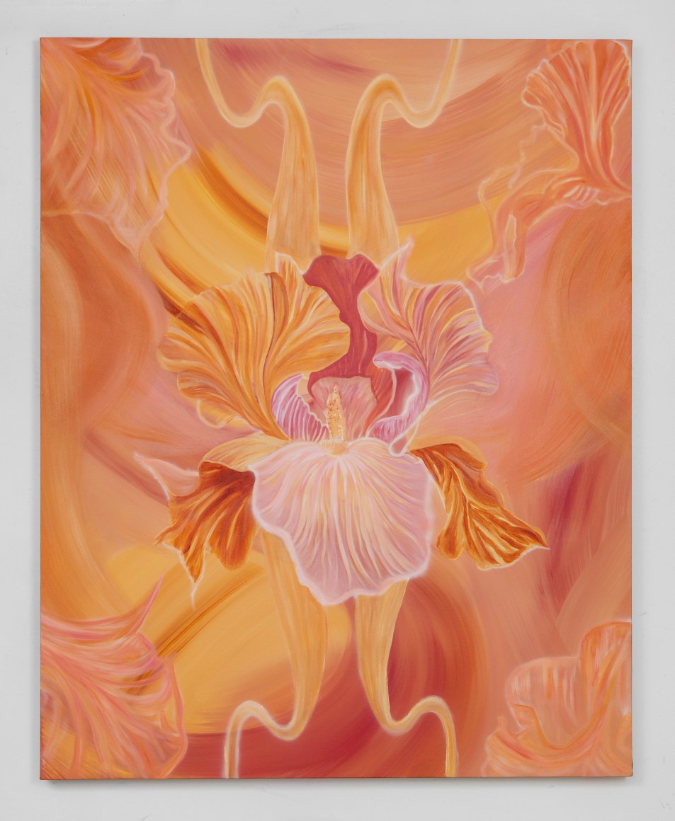 Calli Moore  Tangerine Iris Blossom, 2023  Acrylic and oil on canvas  152.5 x 122 cm | 60 x 48 in