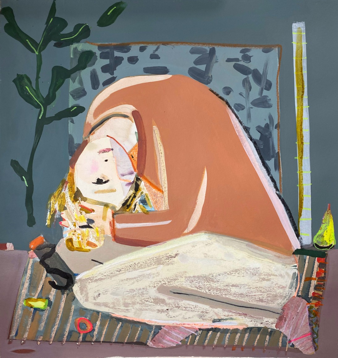 Erika Wastrom  Morning Routine, 2020  Mixed media on paper  44.45 x 41.91 cm / 17 1/2 x 16 1/2 in  Framed: 55.24 x 52.70 cm / 21 3/4 x 20 3/4 in