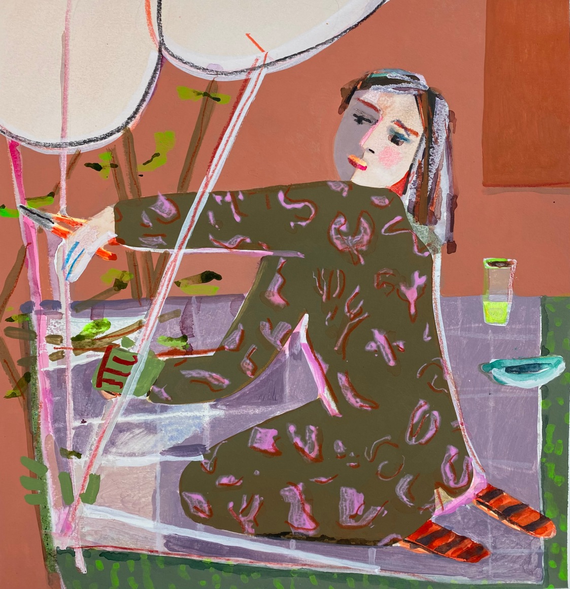 Erika Wastrom  Weeding, 2022  Mixed media on paper  48.2 x 45.7 cm / 19 x 18 in