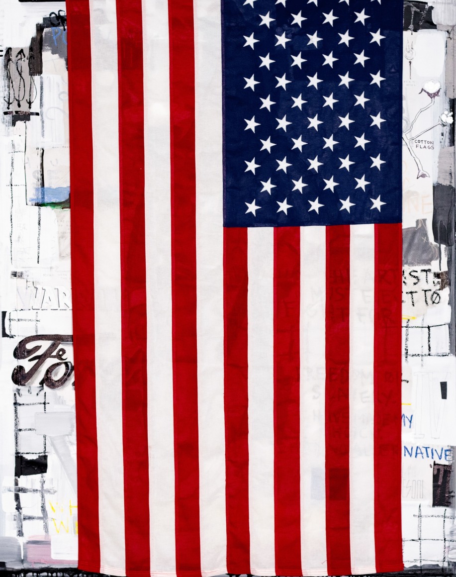 (Painfully Positive) No Knock, 2021 oil, oil stick, acrylic, house paint, graphite, enamel, cotton flag on canvas 60 x 48 inches