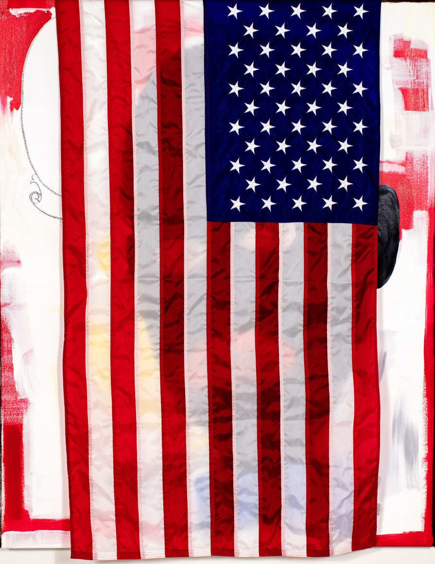 (Painfully Positive) Envy, 2022 oil, acrylic, cotton flag on canvas 60 x 48 inches