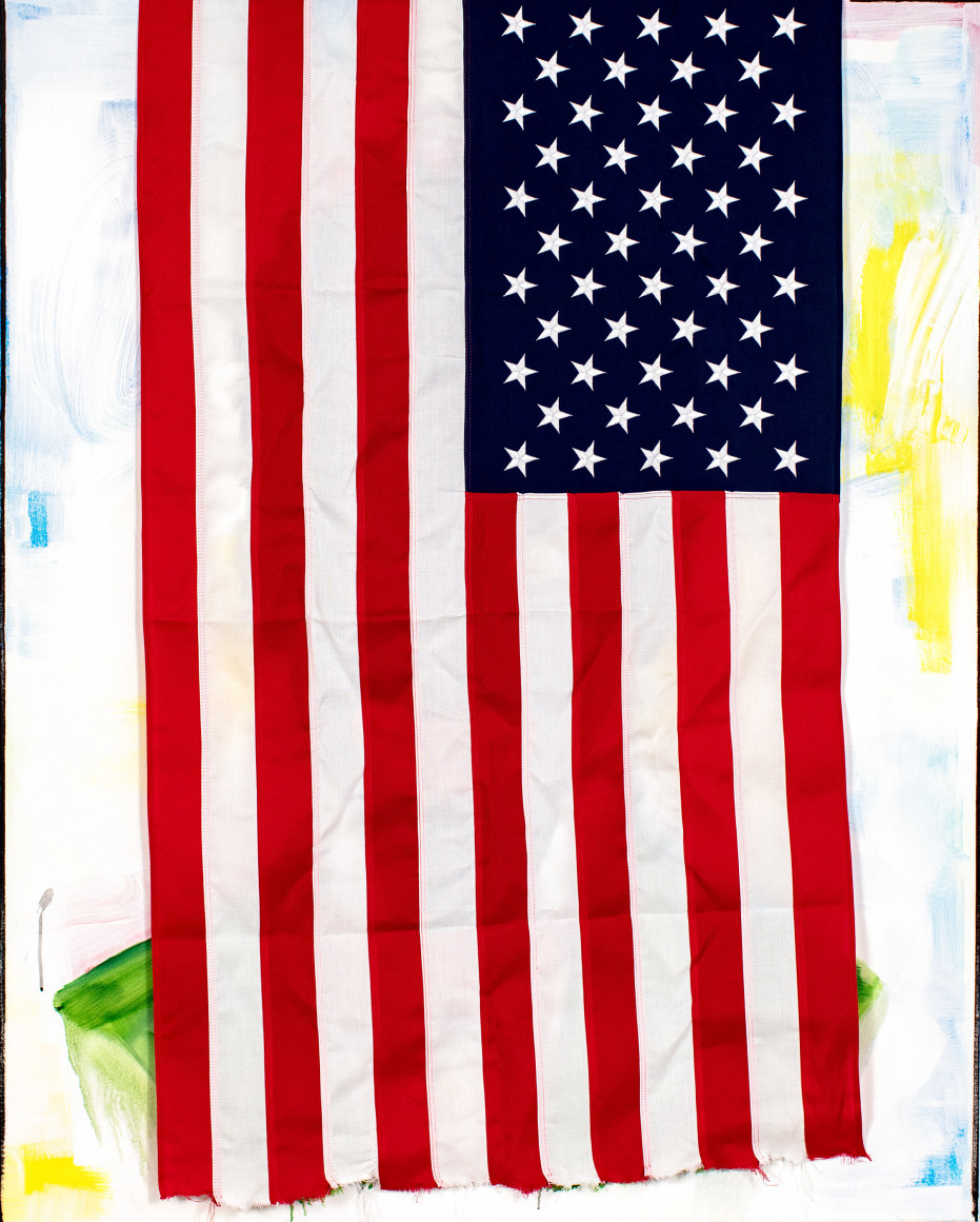 (Painfully Positive) Fascination, 2022 oil, acrylic, cotton flag on canvas 60 x 48 inches