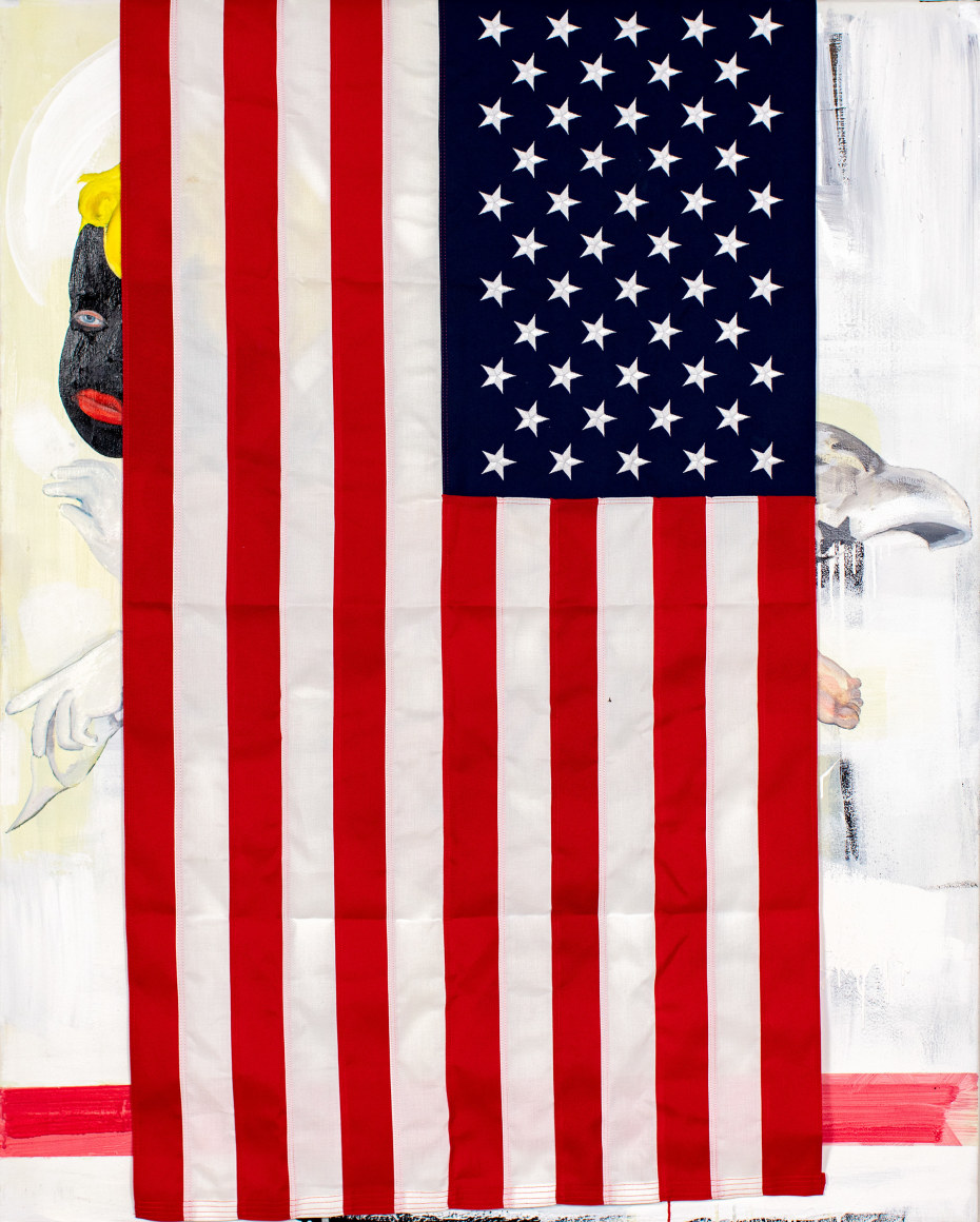 Julian V. L. Gaines (Painfully Positive) All Babies Go to Heaven, 2022 oil, house paint, acrylic, cotton flag on canvas 60 x 48 inches