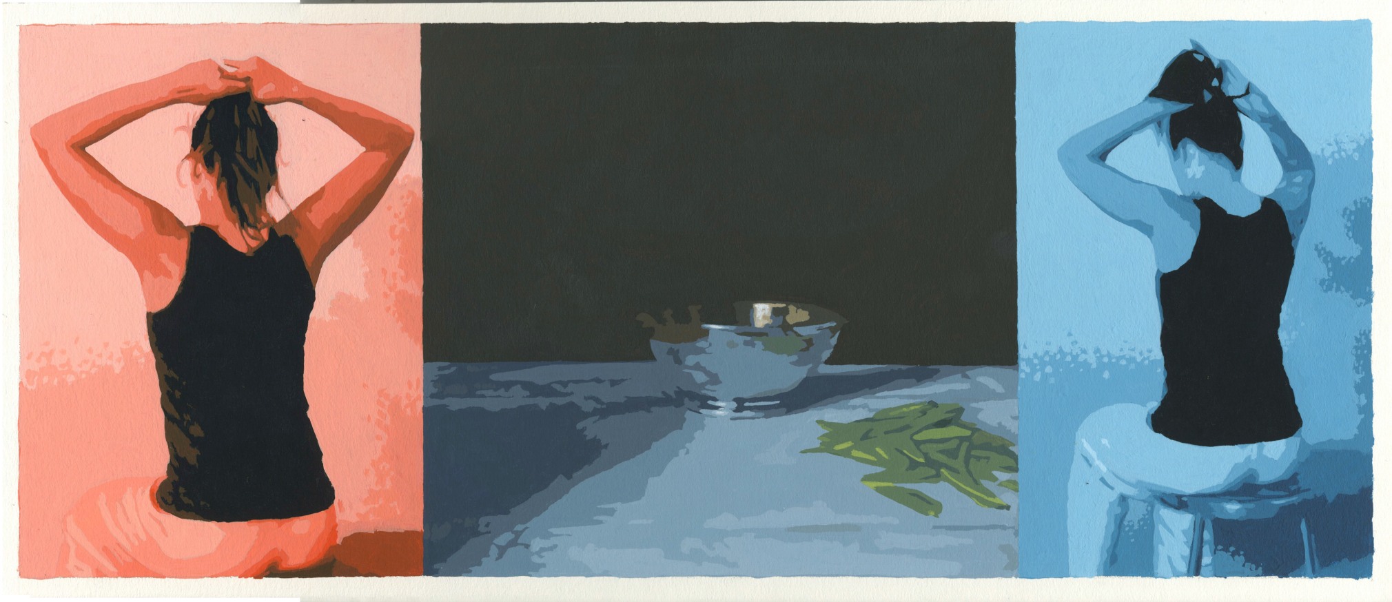 Sean S. Cain (b. 1968)  Triptych with vermillion and teal figures, 2017