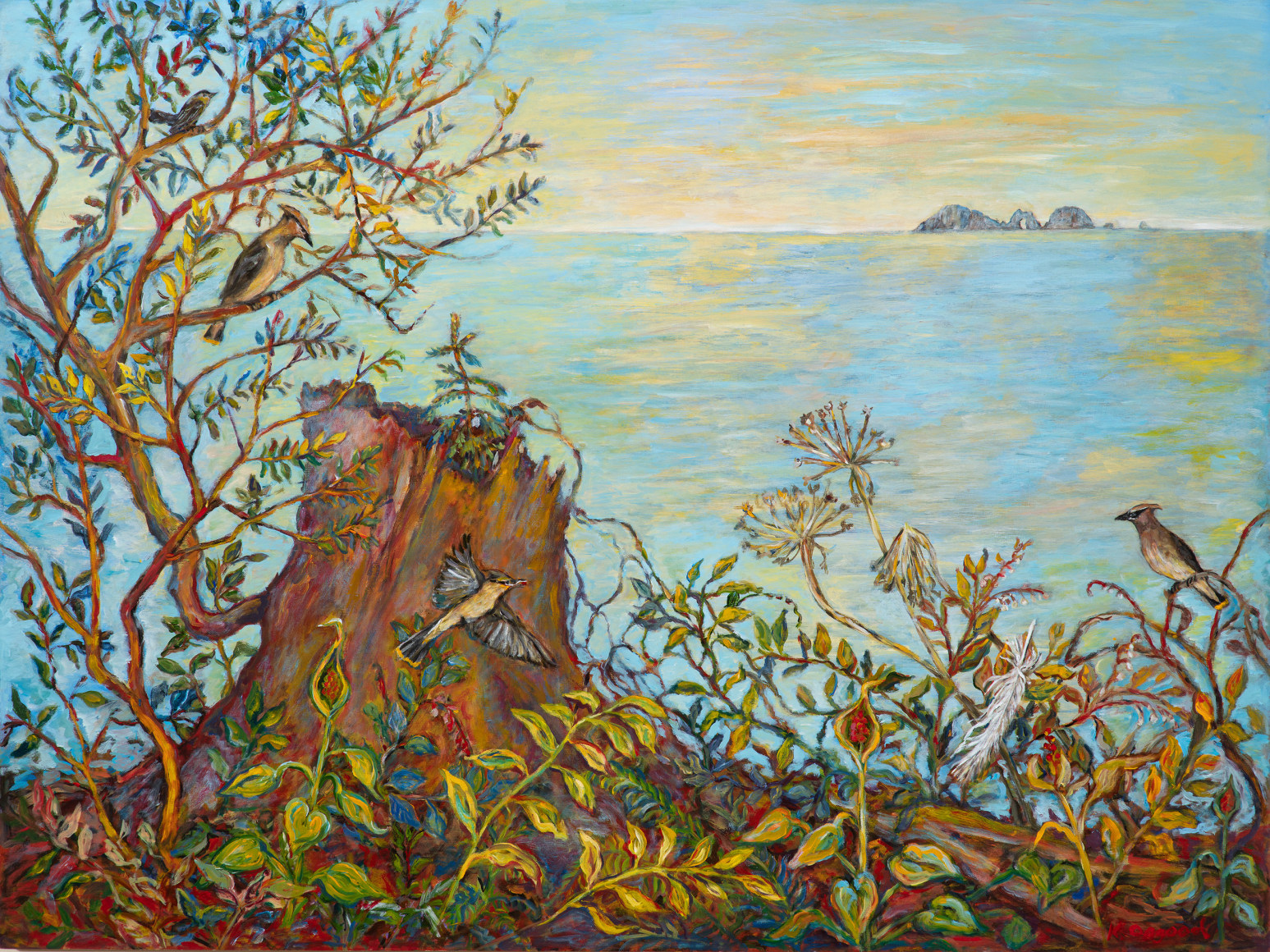 Kim Osgood (b. 1955)  Cedar Waxwings and the Horizon Line, 2021