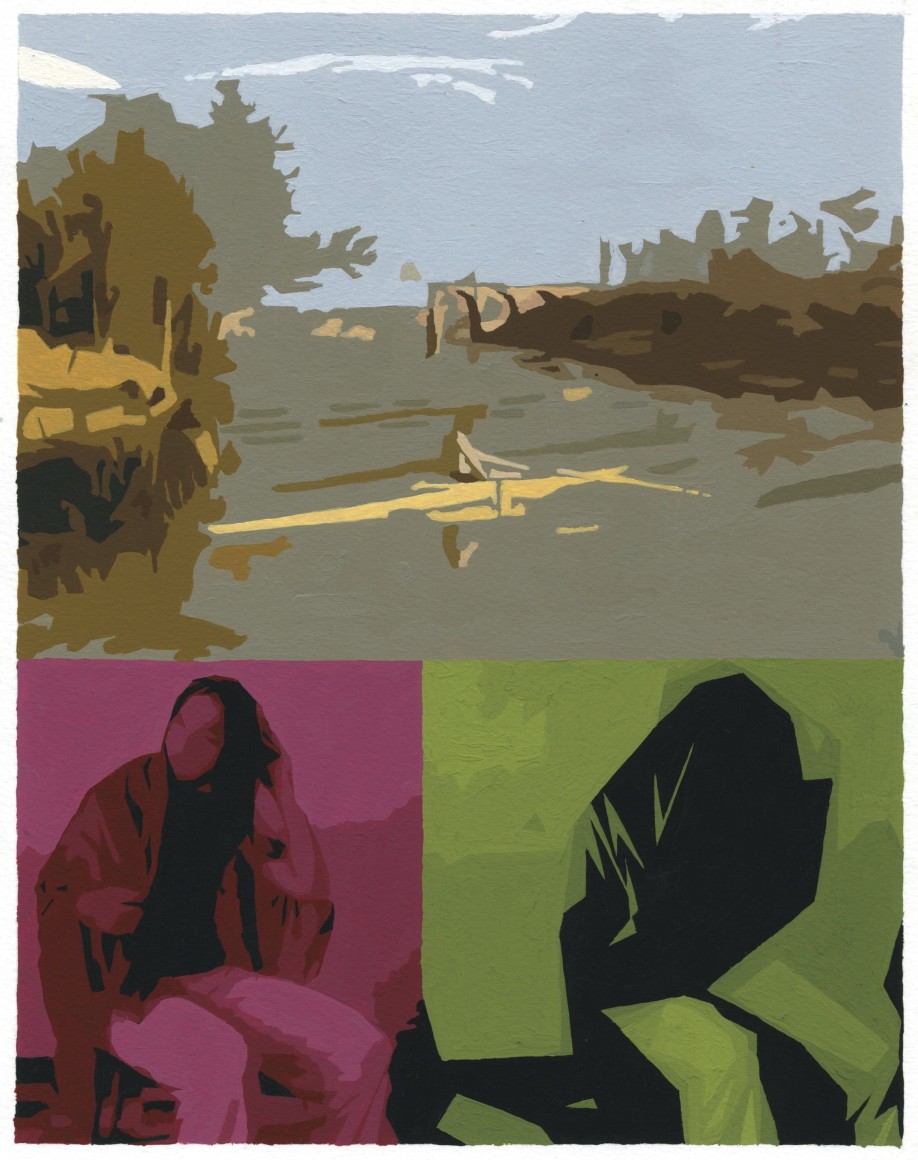 Cain - Partially draped figures in magenta and green