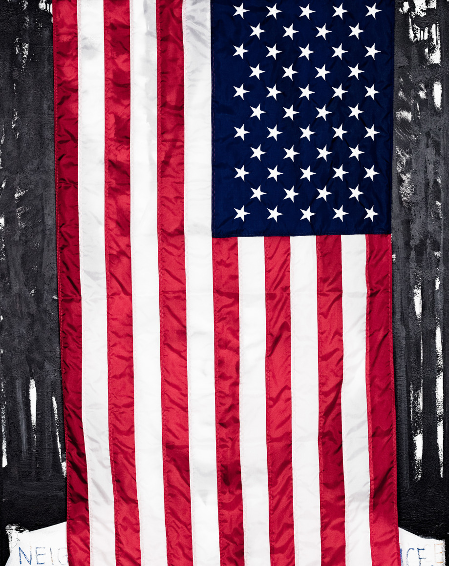 (Painfully Positive) Neighborhood Watch, 2022 oil, oil stick, acrylic, house paint, nylon flag on canvas 60 x 48 inches