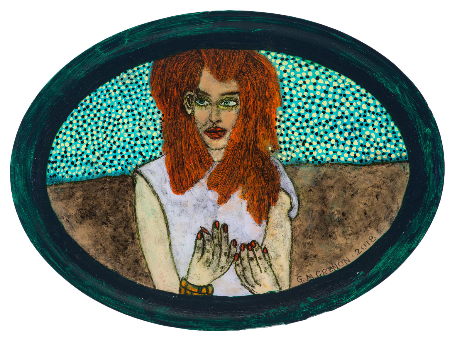 Gregory Grenon (b. 1948)  Maybe I Shouldn't Care, 2018  oil on curved oval glass