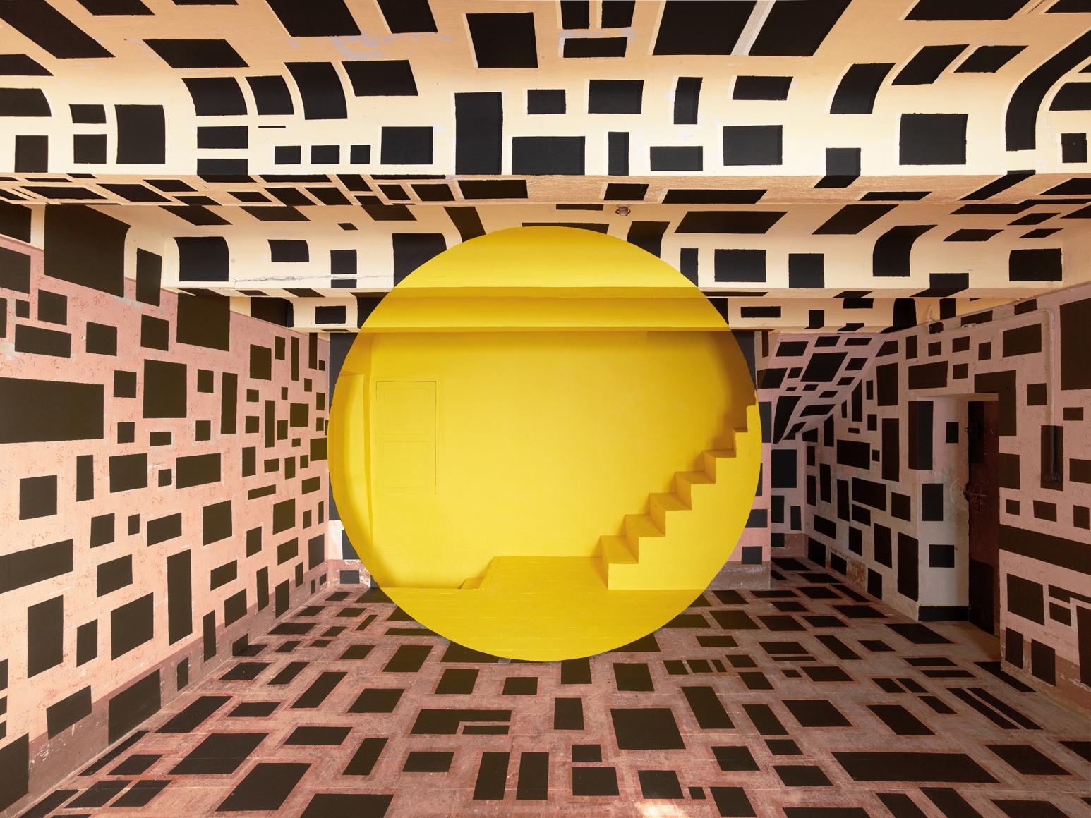 Georges Rousse, anamorphose, architecture, color, green, yellow, red, Bastia, France, Sous Les Etoiles Gallery