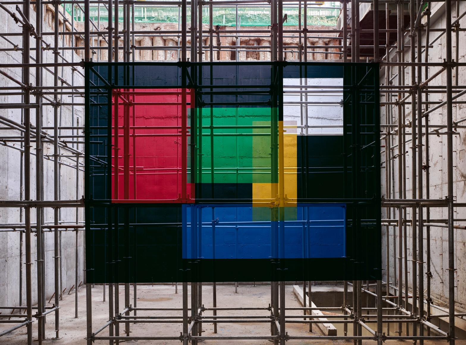 Georges Rousse, anamorphose, architecture, color, green, yellow, red, Seoul, Sous Les Etoiles Gallery