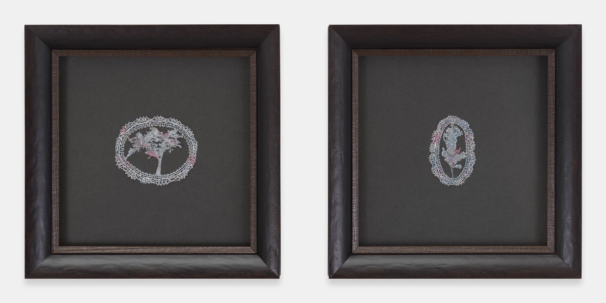 Jasmin Sian Hudson River tree in cotton candy Dum-Dums / birthday pine in cotton candy Dum-Dums, Massachusetts , 2021 / 2020 Graphite and cut-outs on lollipop wrappers Diptych Framed Dimensions, each: 10 1/2 x 10 1/2 inches 26.7 x 26.7 cm Artwork Dimensions: Left Panel 3 x 3 1/2 inches 7.6 x 8.9 cm Right Panel 2 7/8 x 2 inches 7.3 x 5.1 cm