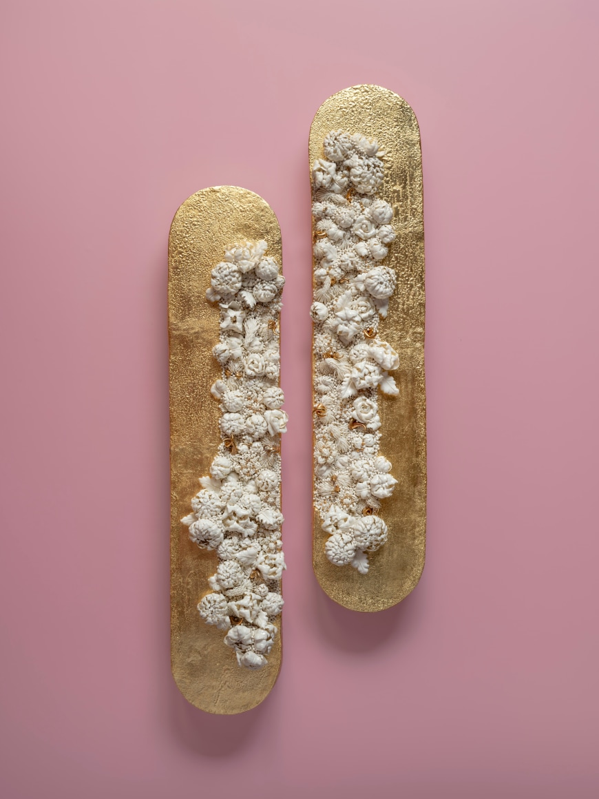 Golden Rock, 2025, Porcelain, Stoneware, Handbuilt, 22k Gold Luster, 2 Pieces