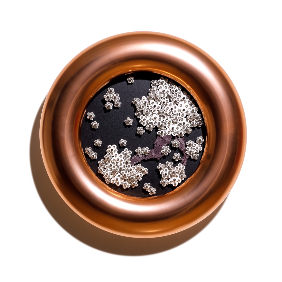 Nothing Forever B1, 2021, Paper buttons, crystals, beads, pins on plexiglass and LED light