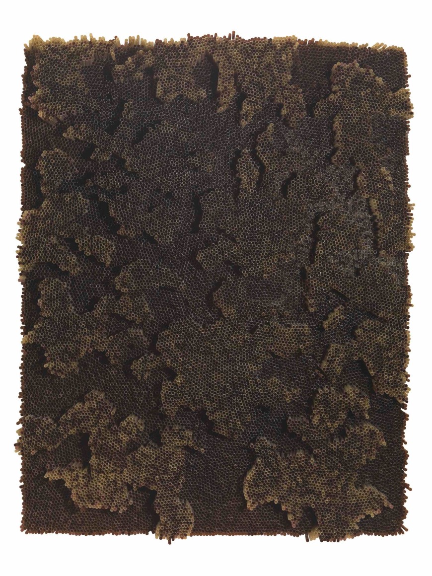 Gold Straws, 2015, Gold and transparent plastic drinking straws on wooden panel and metallic frame