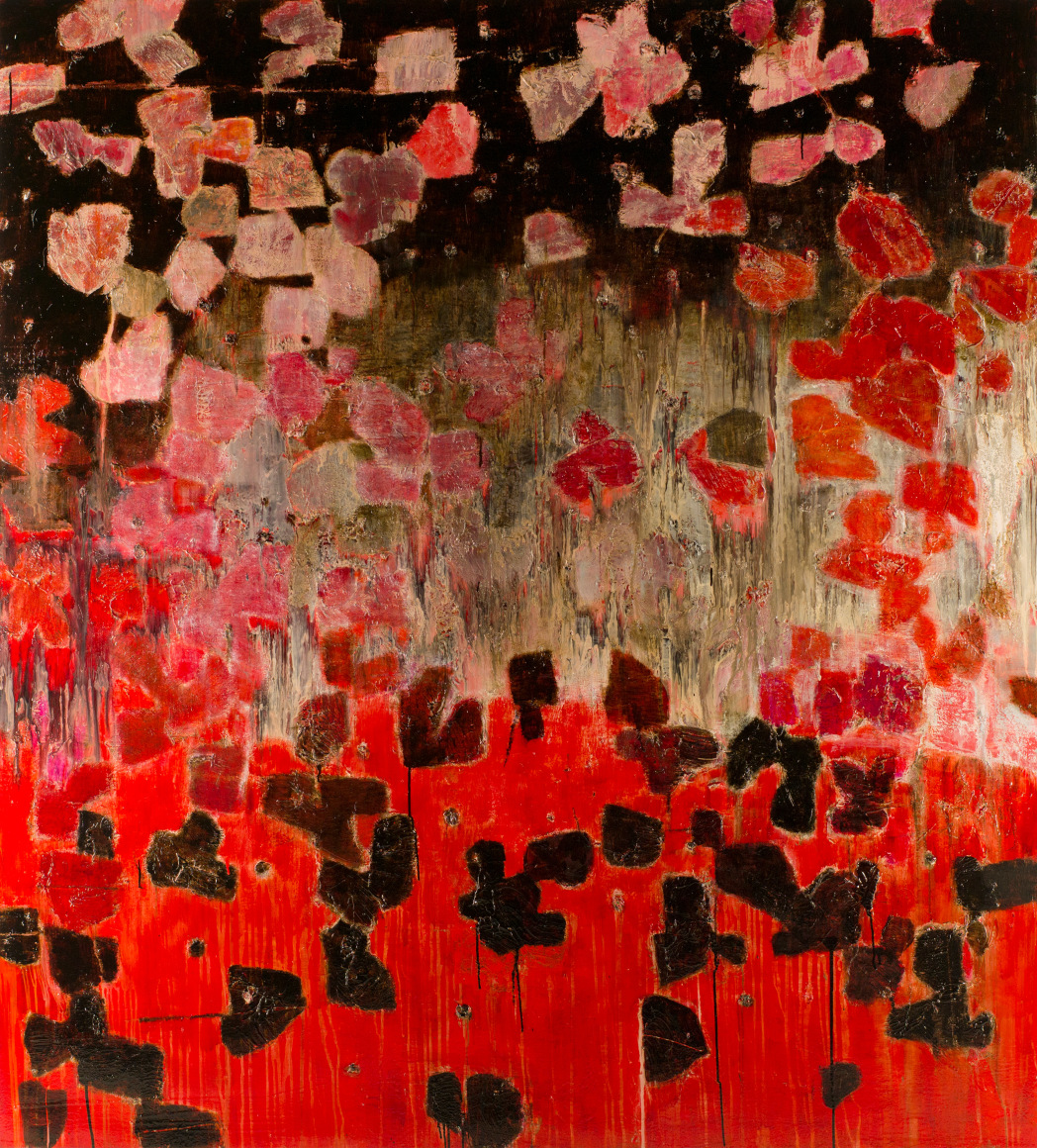 RED FIG NIGHT, 2021, Oil, Enamel, Varnish and Tar on canvas