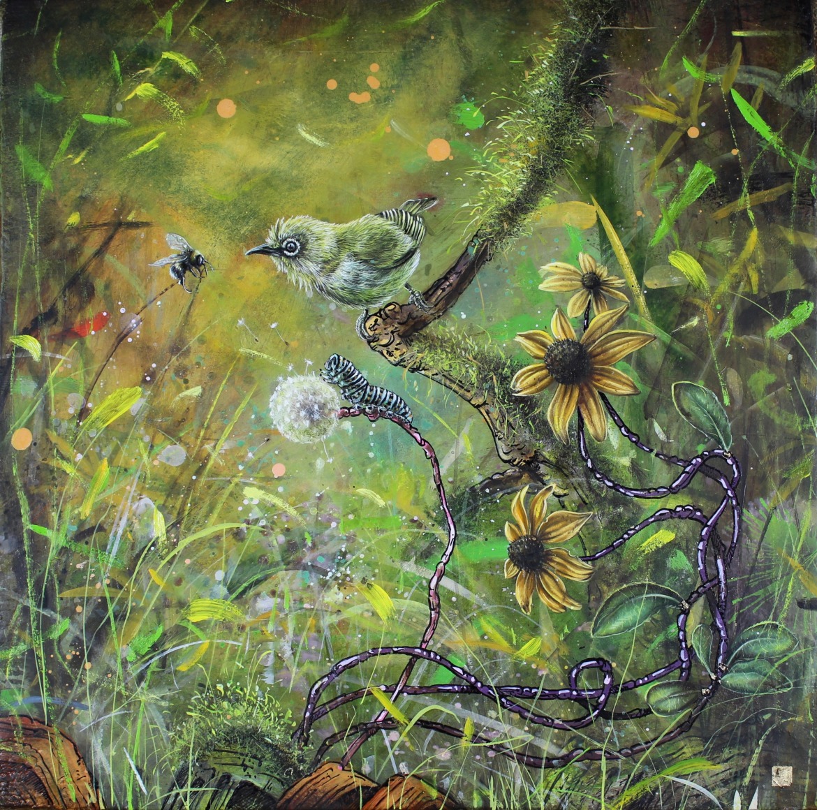 &quot;i got the gossip...&quot;, 2020, oil on marble plastered jute on panel with gold leaf