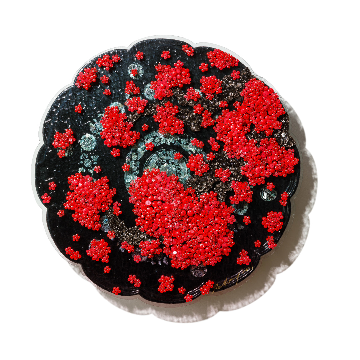 Past Memories_R, 2021, Buttons, beads, pins on acrylic panel, Korean mother of pearl inlaid table