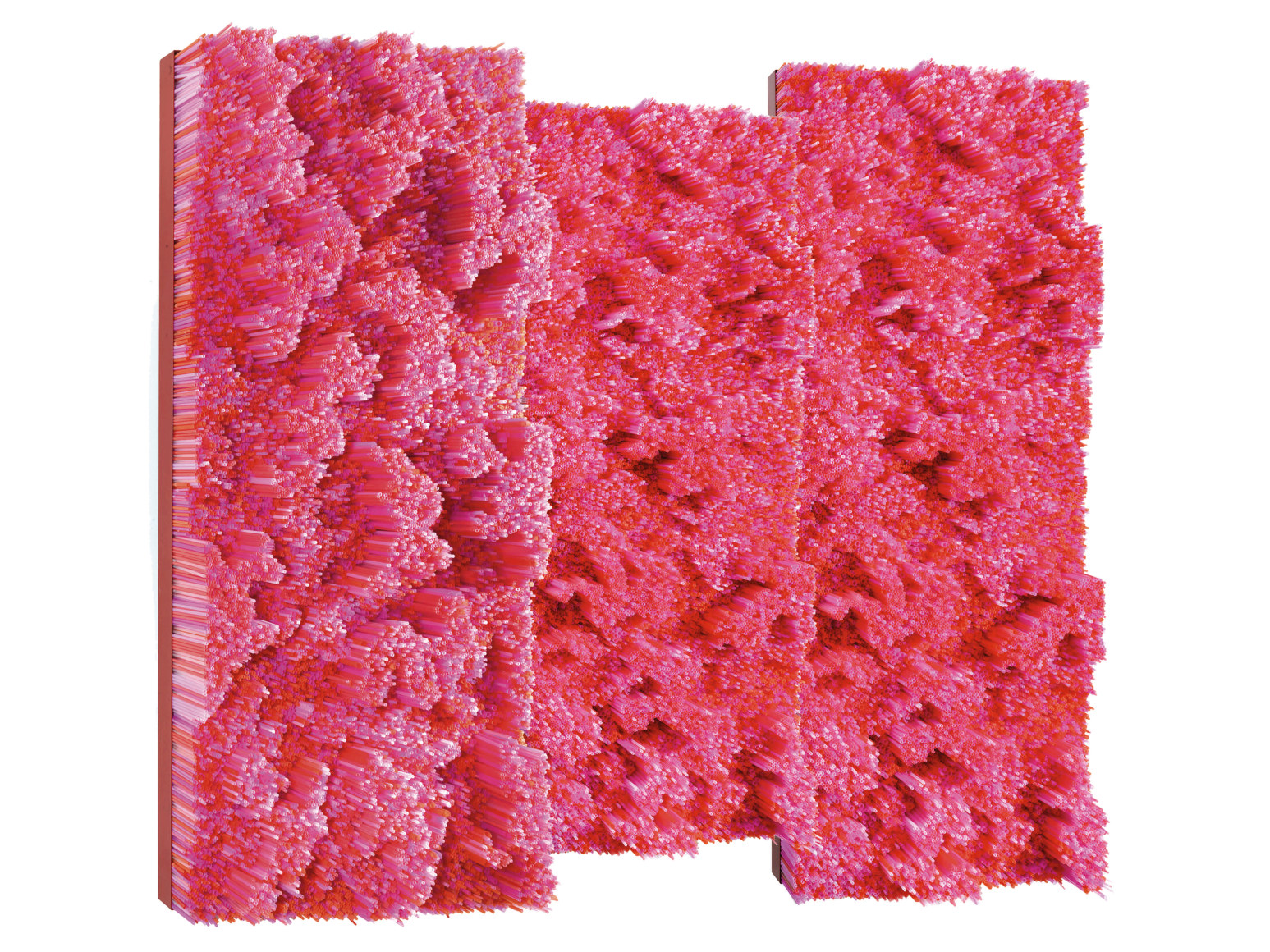 Straws, 2015, fuschia, red, pink and transparent plastic drinking straws on wooden panels and metallic frame