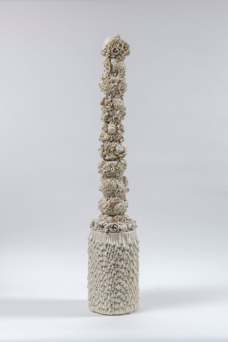 Habitat Tower 1, 2020, Porcelain, 18k Gold Decorated, Wood, Epoxy Clay, 140 x 27 cm / 55.1 x 10.6 in.