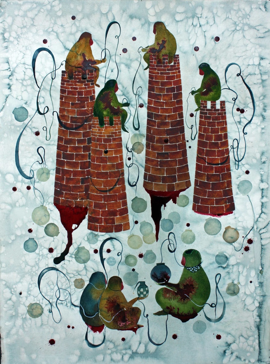 Shiva Ahmadi, Tower, 2017, Watercolor and ink on paper, 30 x 22 in