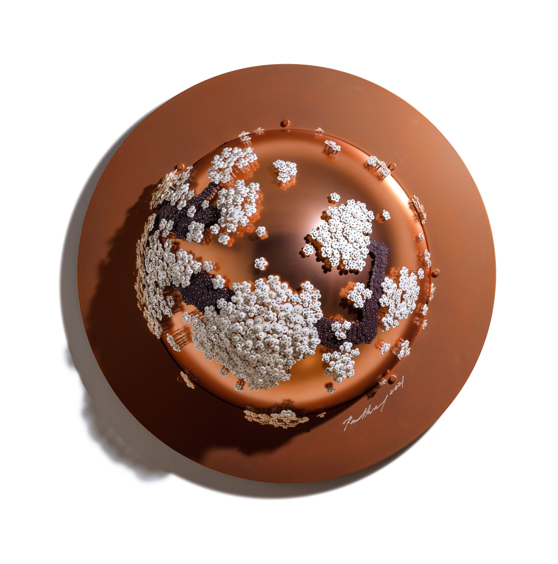 Nothing Forever_RG, 2021, Paper buttons, beads, pins, on acrylic dome