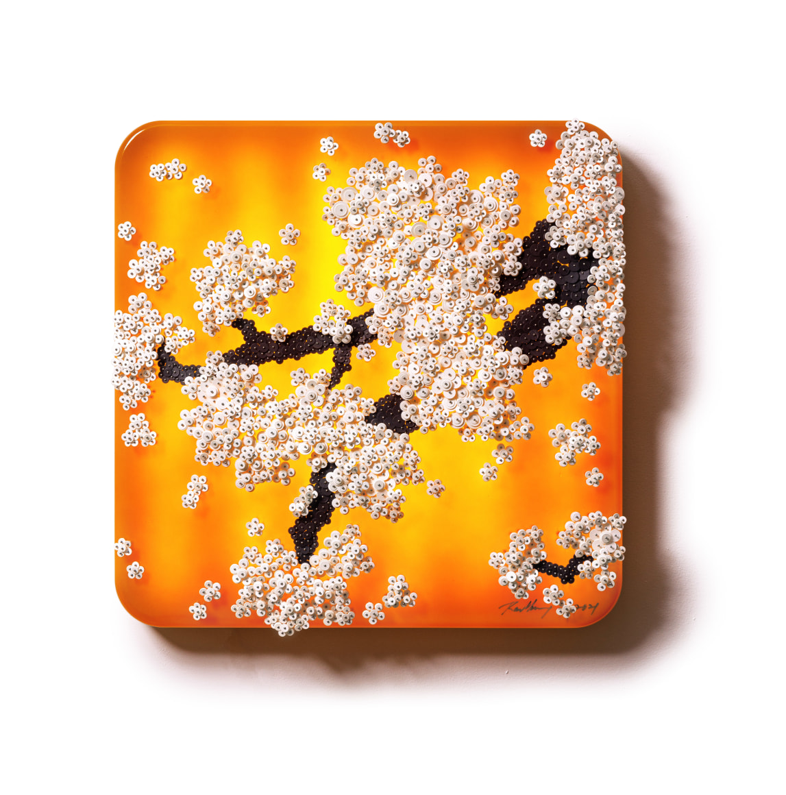 Self Reflection_Y, 2021, Paper buttons, beads, pins, on LED light