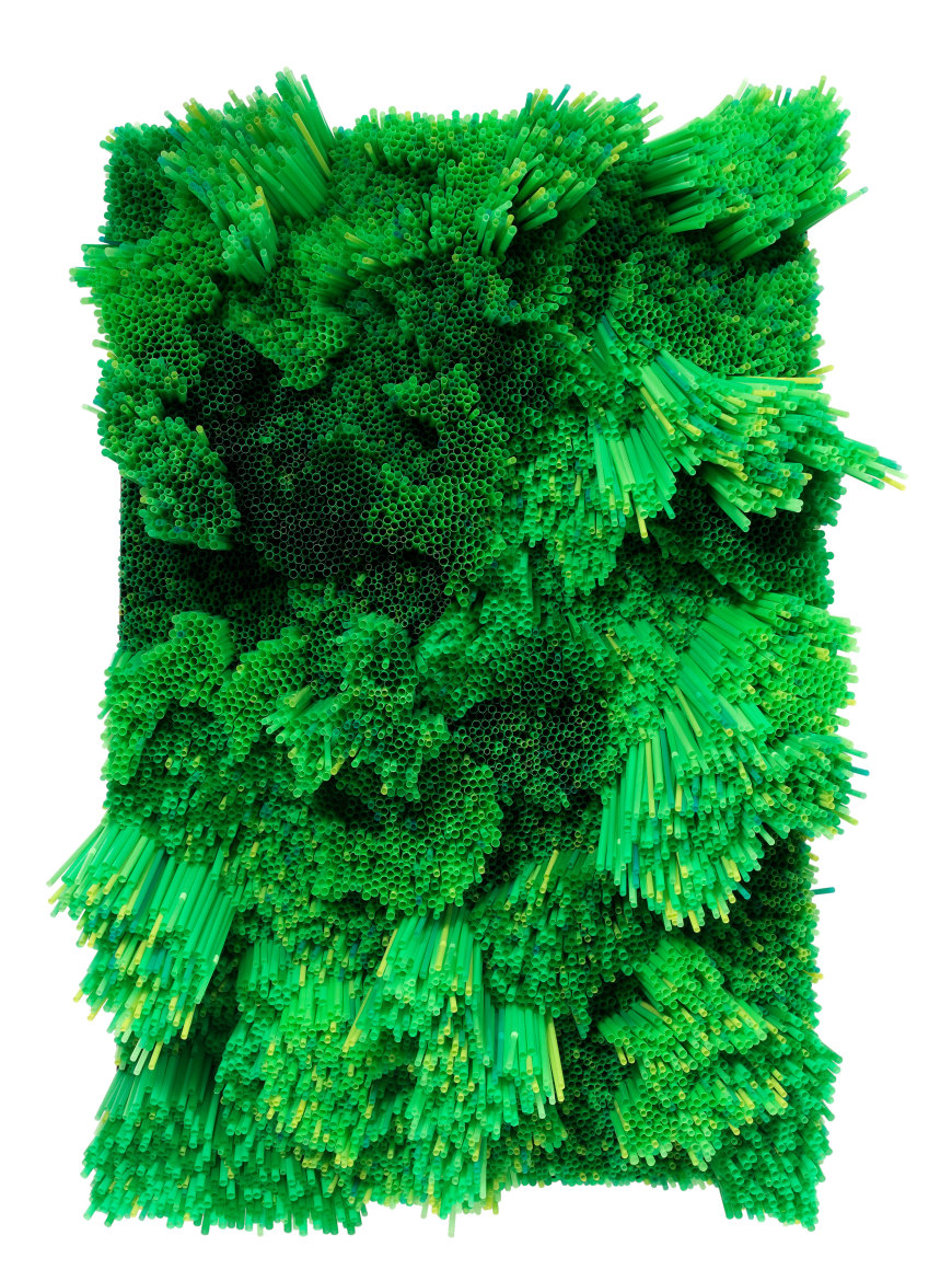 Green Straws, 2016, Green and transparent plastic drinking straws on wooden panel and metallic frame