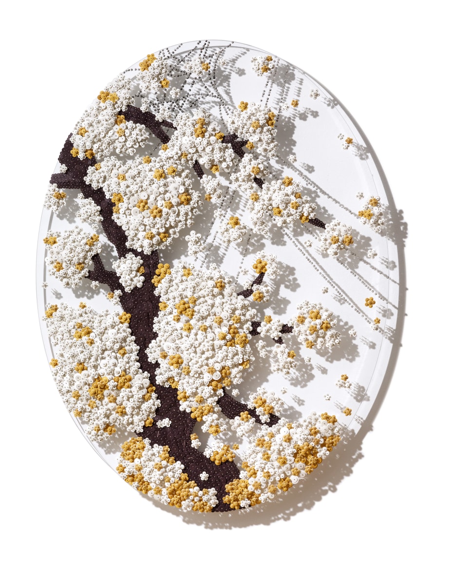 Ode to Second Full Moon_WG, 2021, Paper buttons, beads, pins, on plexiglass