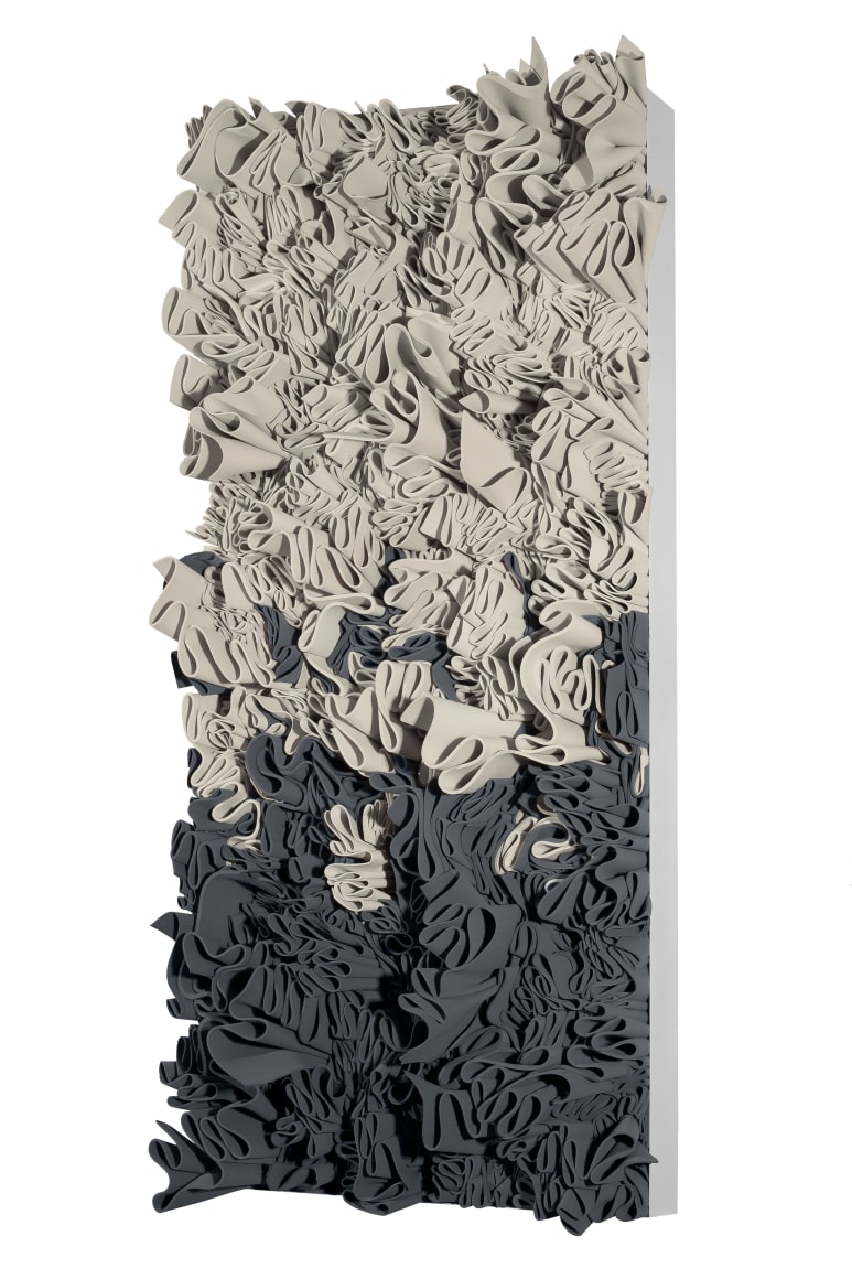 Frappa (Grey and White), White and grey neoprene on wooden panel and metallic frame