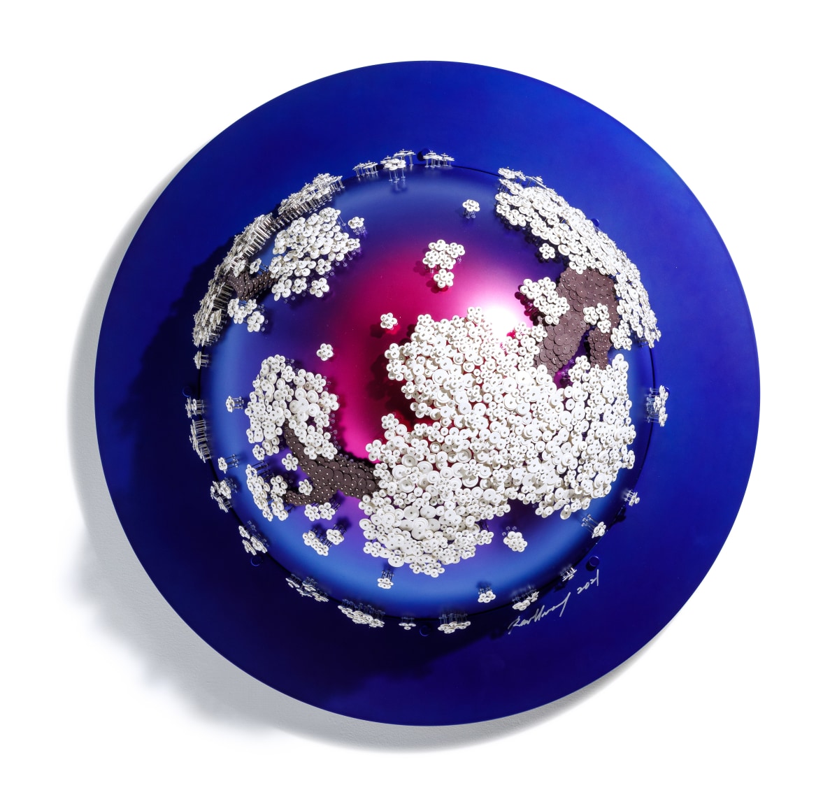 Nothing Forever_PB , 2021, Paper buttons, beads, pins, on acrylic dome