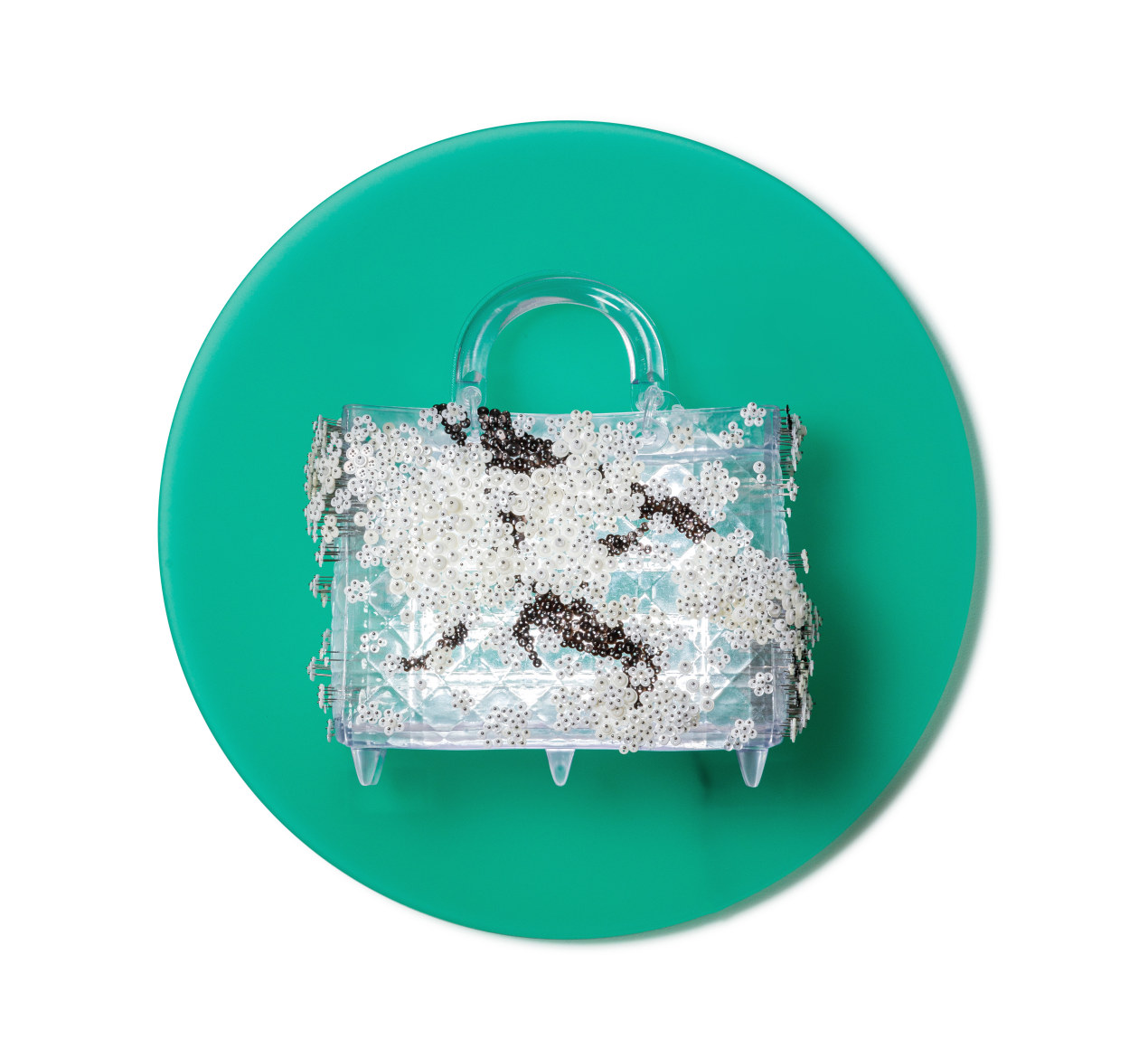 Eternal Mise_21WG, 2021, Buttons, beads, pins on acrylonitrile-butadiene-styrene on plexiglass