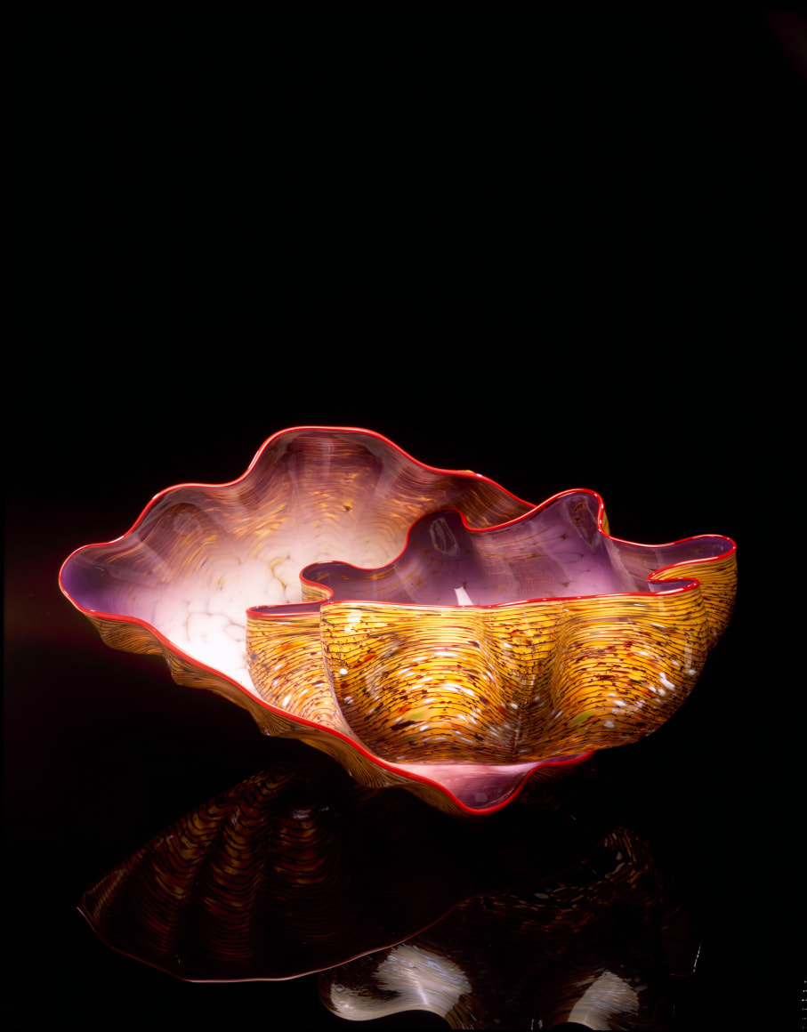 Dale Chihuly, Fluorite Violet Pheasant Macchia Set with Bright Red Lip Wraps