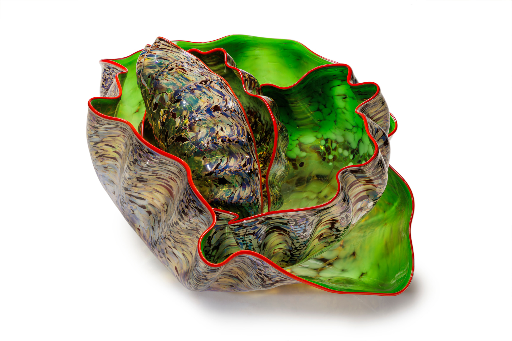 Dale Chihuly&nbsp;, Velvet Green Pheasant Macchia Set with Rich Red Lip Wraps