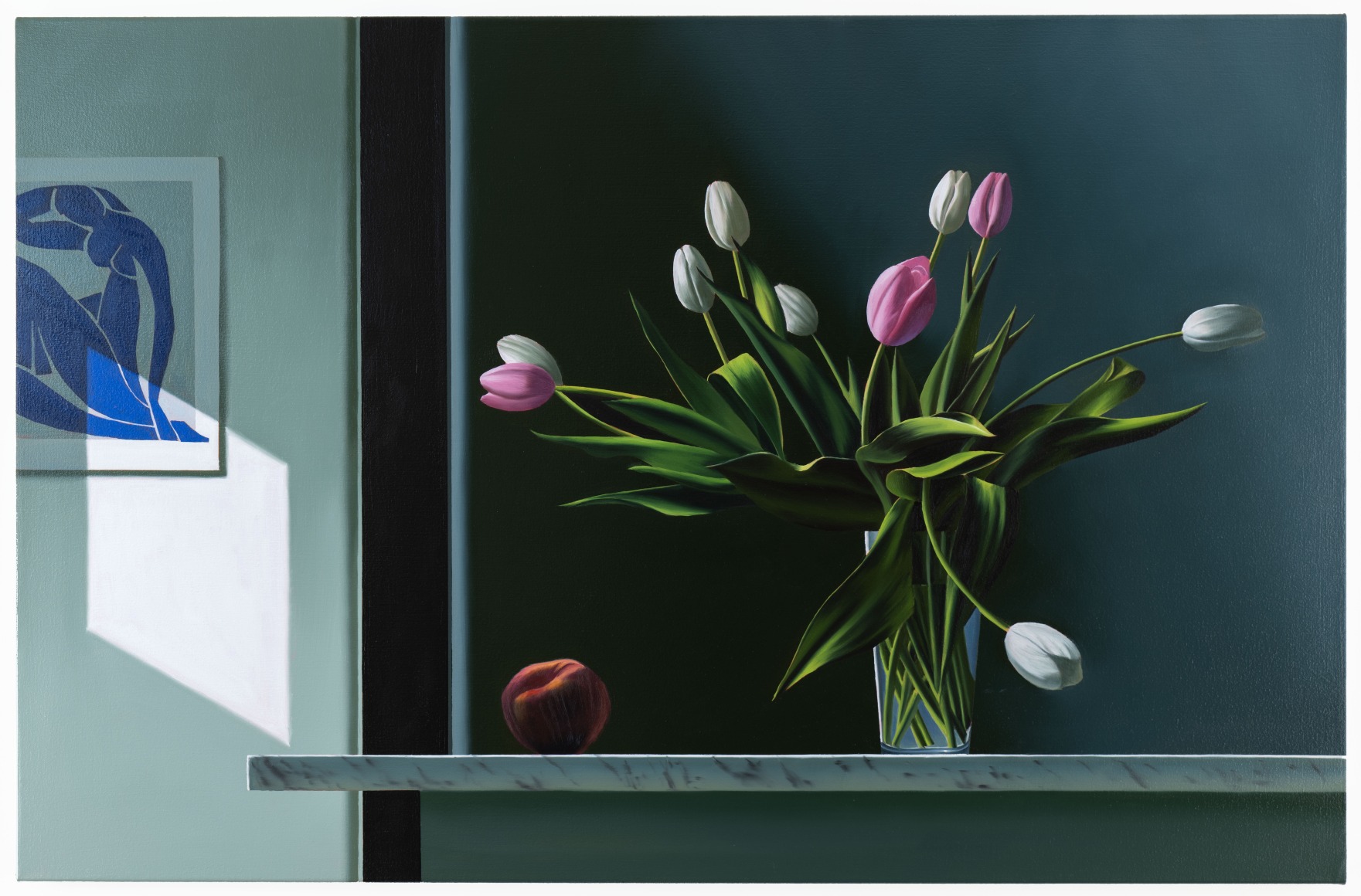 Bruce Cohen Interior with Pink and White Tulips on Ledge with Peach, 2024