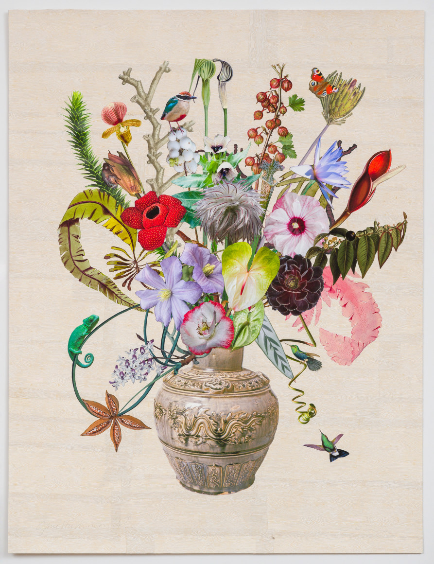 Jane Hammond Borneo Vase with Clematis Success, Fairy Pitta and Flame Tree Seed Pod, 2022