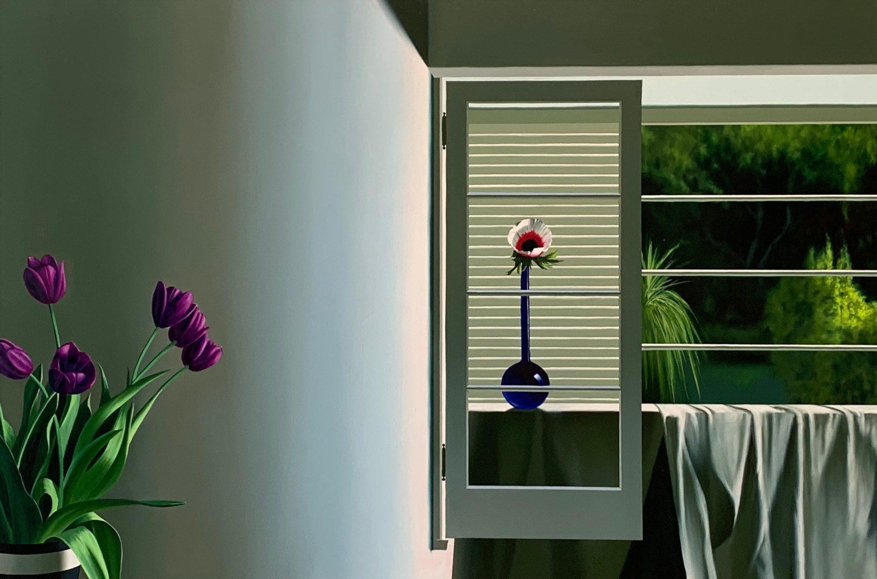 Bruce Cohen Untitled, Interior with Purple Tulips and Anemone, 2023