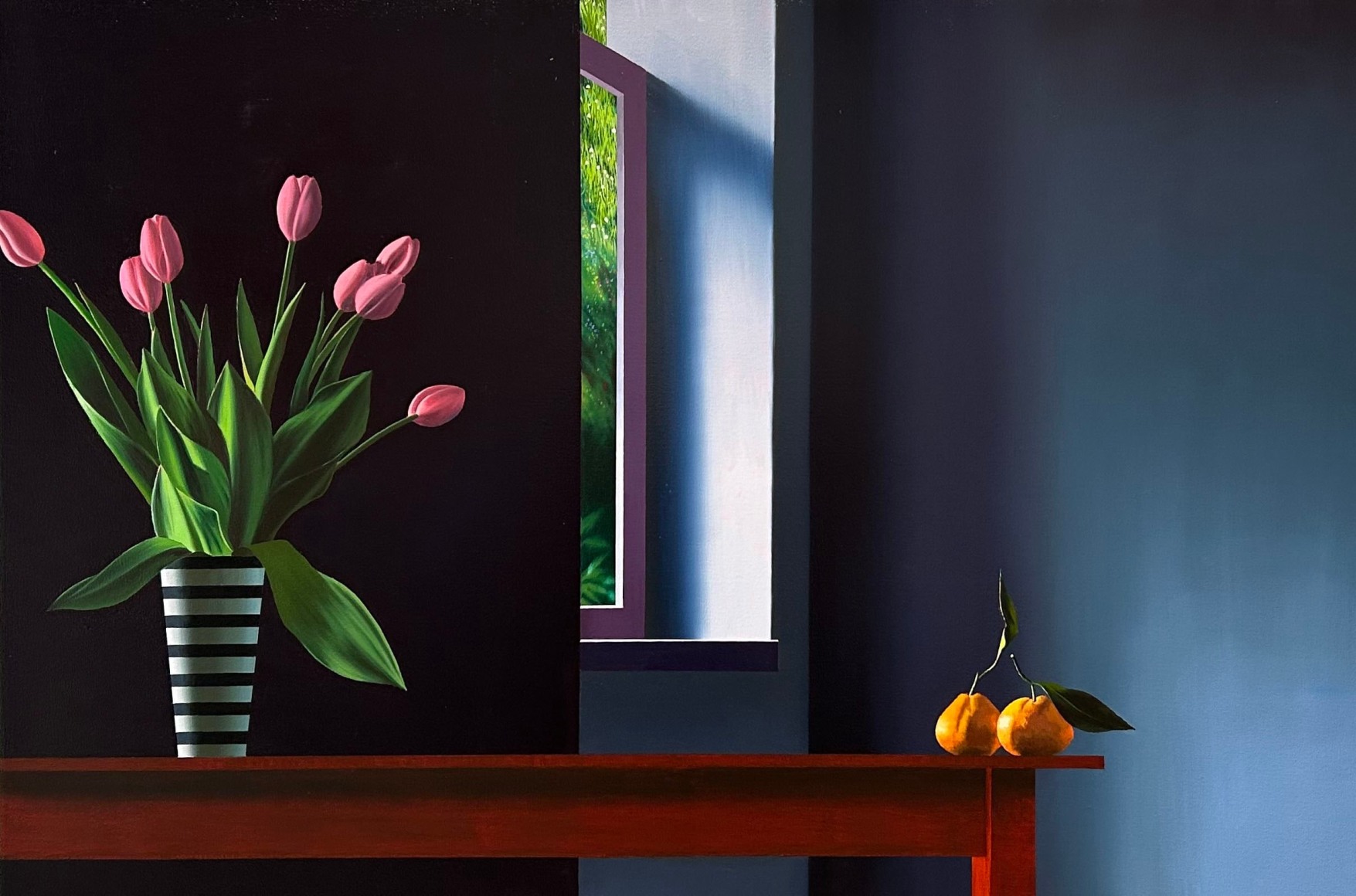 Bruce Cohen Interior with Two Tangerines and Pink Tulips, 2024