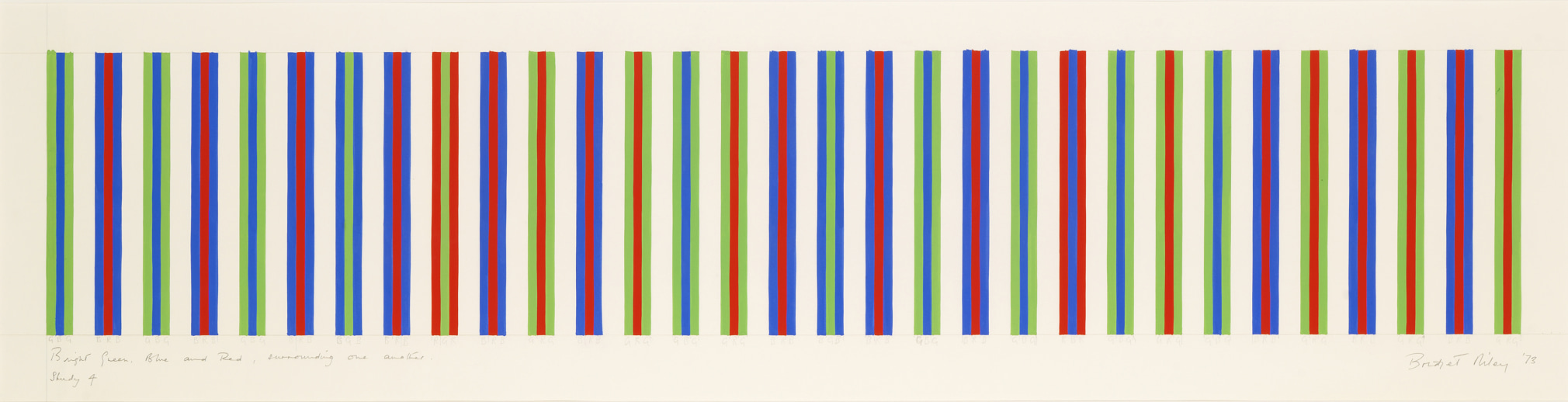 Bridget Riley, Bright Green, Blue and Red, Surrounding One Another, Study 4, 1973