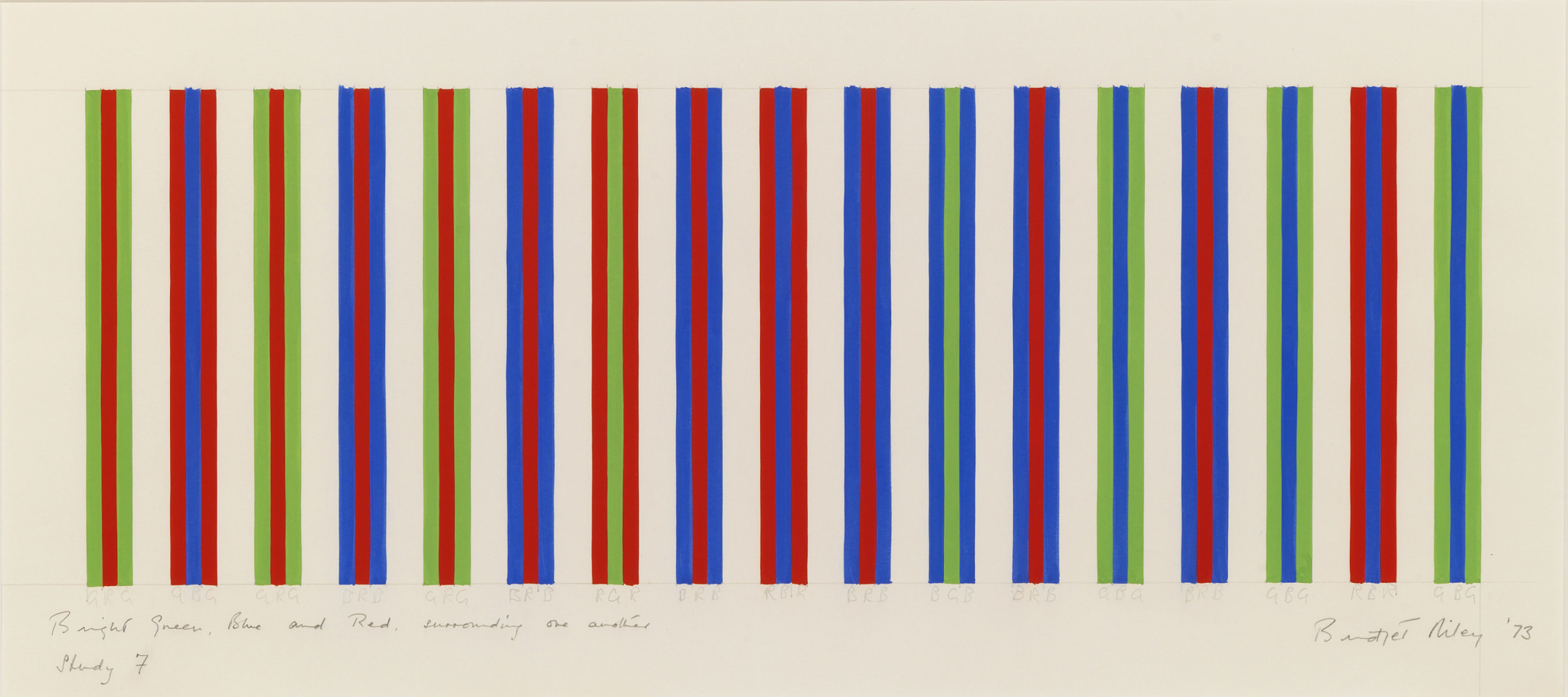 Bridget Riley, Bright Green, Blue and Red, Surrounding One Another, Study 7, 1973