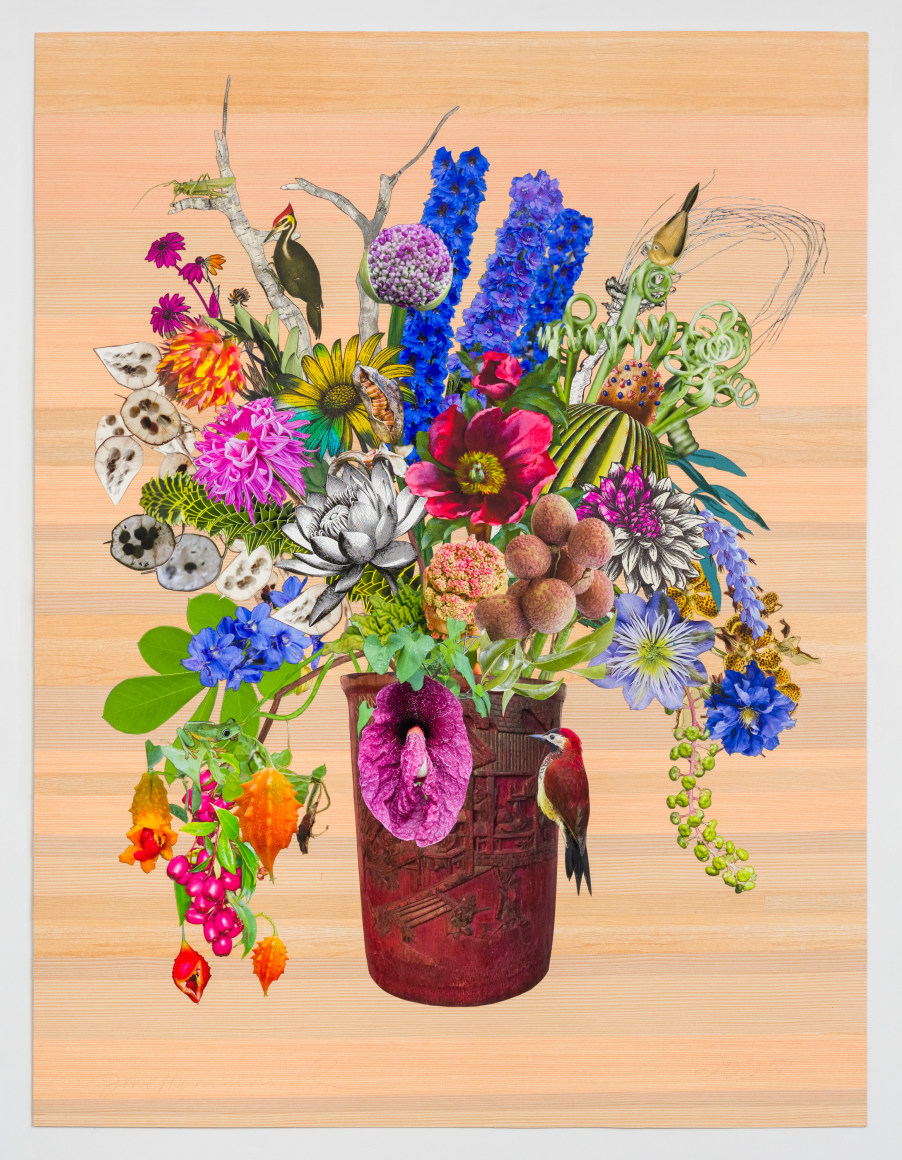 Jane Hammond Chinese Carved Bucket with Rhubarb Flower, Grasshopper and Clematis Crystal Fountain, 2025