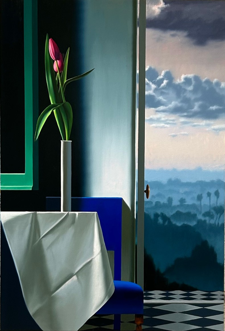 Bruce Cohen Interior with Two Tulips and Sunset Landscape, 2024